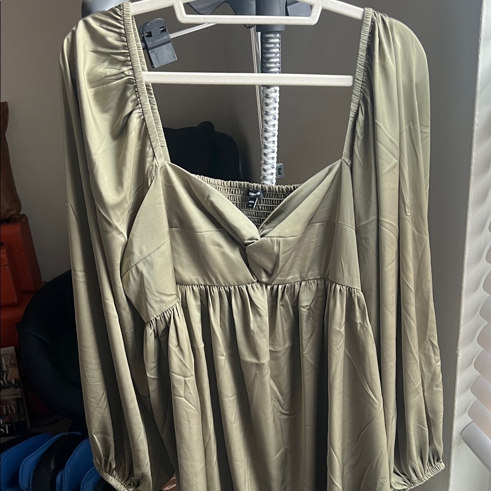 Express Olive Green Satin Babydoll Dress